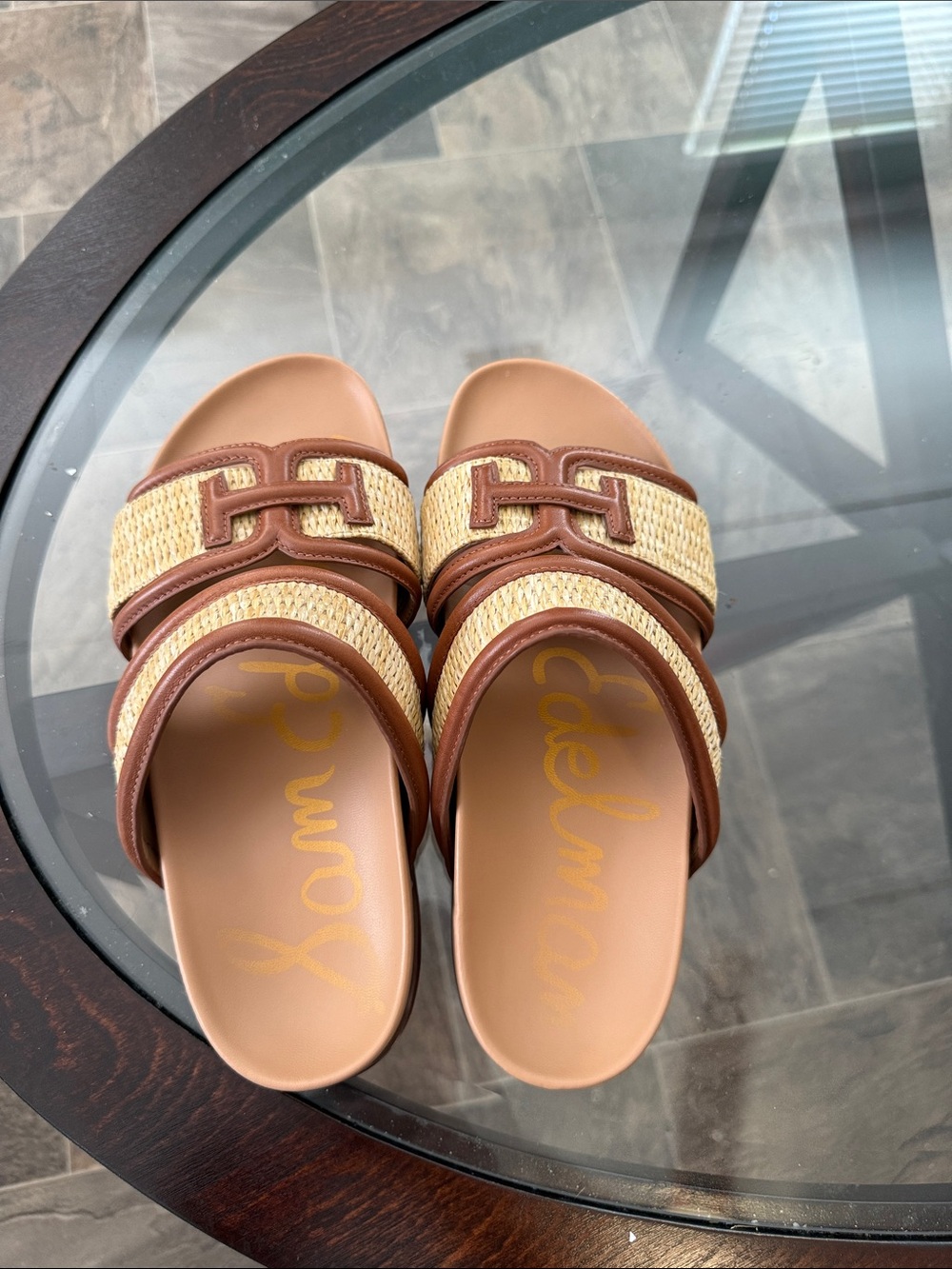 Sam Edelman Brown and Beige Woven Slide Mules